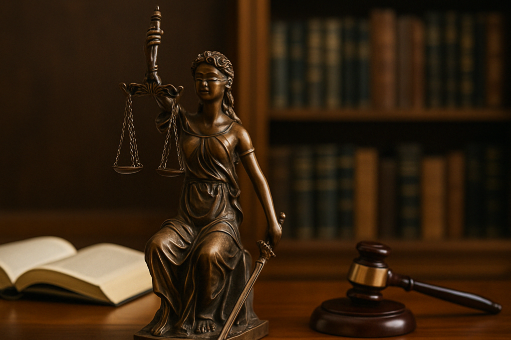 a lady justice statue sitting on an attorney's desk